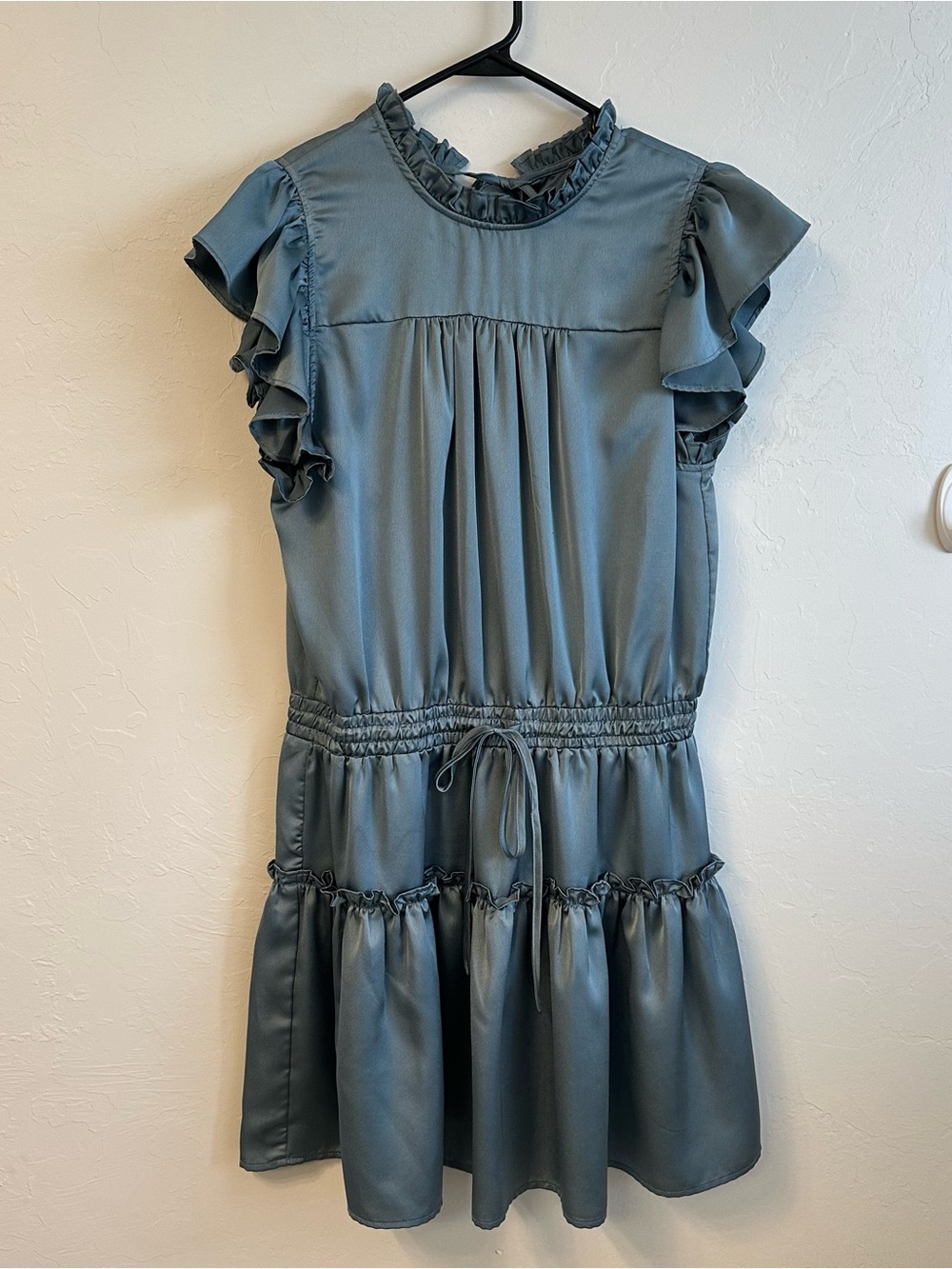 Pinch Dusty Blue Ruffle-Sleeve Drawstring Silk Dress